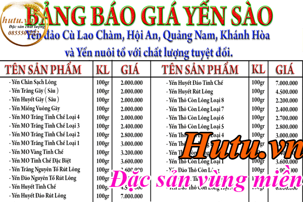 bảng giá Yến sào Nha Trang hutuvn