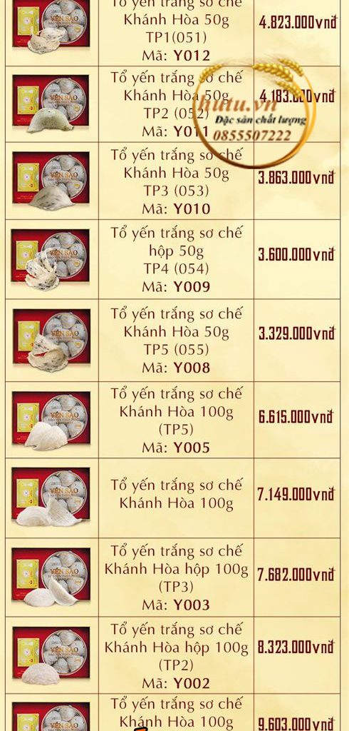 Bảng Giá Yến Sào Nha Trang Khánh Hoa tham khảo cho bạn